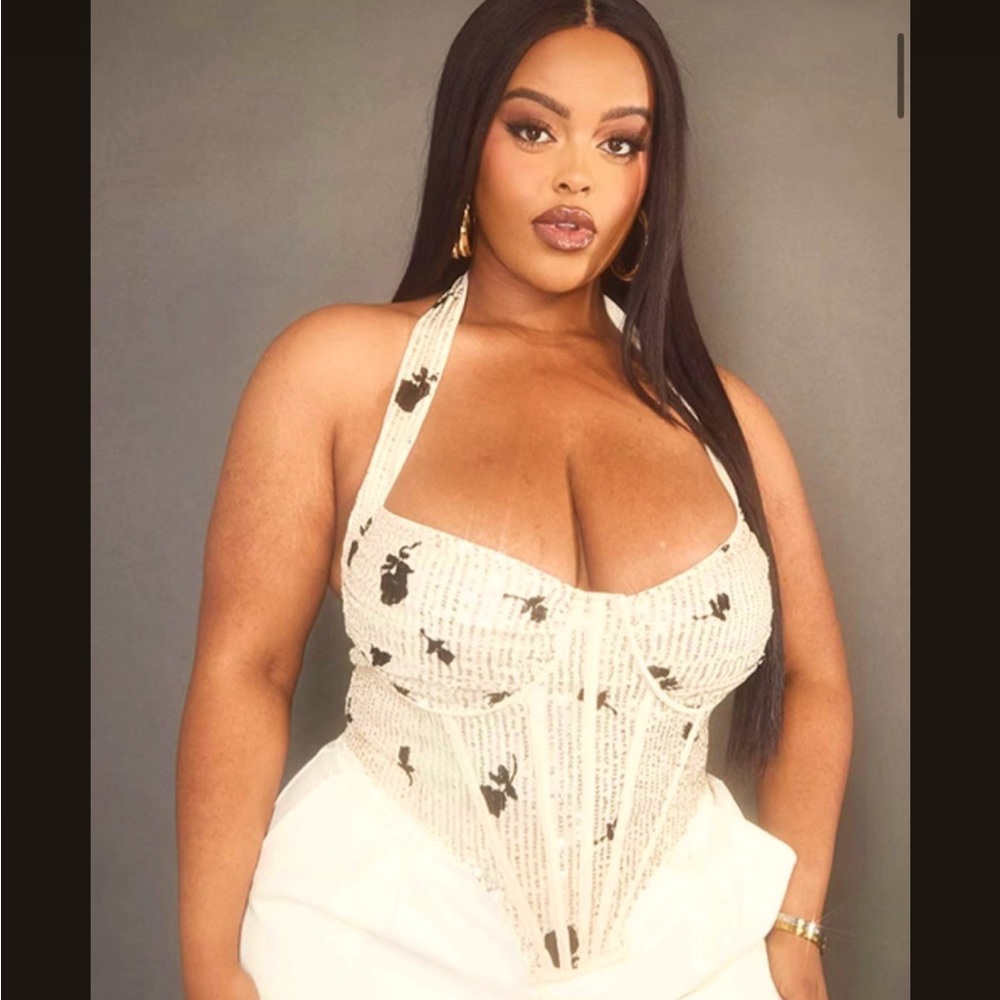 Cream in black, with sequence beads halter corset